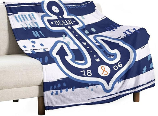Nautical Anchor Blanket Modern Cartoon Anchor Ocean Adventure Blue White Soft Cozy Lightweight Throw Blanket for Kids Boys Men Bedroom Living Room Dorm Chair Sofa Travel 70x80in