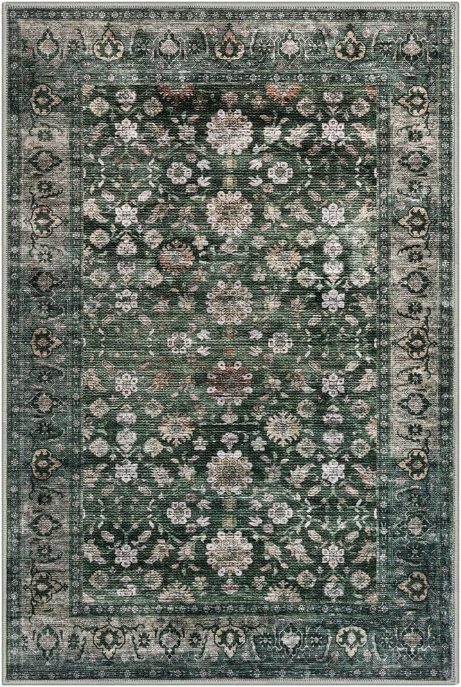 KUTA 3x5 Rugs for Entryway, Vintage Floral Dark Green Area Rug Washable Non-Slip Ultra Thin Soft Printed Distressed Entry Low-Pile Throw Carpet for Bedroom Nursery Living Room