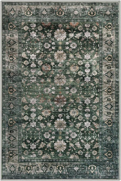 KUTA 3x5 Rugs for Entryway, Vintage Floral Dark Green Area Rug Washable Non-Slip Ultra Thin Soft Printed Distressed Entry Low-Pile Throw Carpet for Bedroom Nursery Living Room