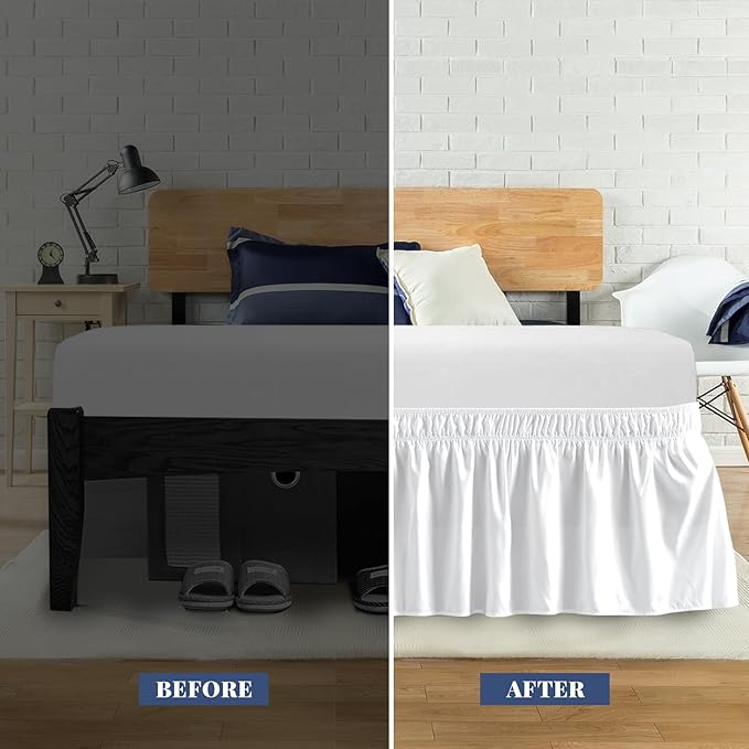 King Bed Skirt, Elastic Wrap Around Bed Skirt King Size, Bed Skirts for Adjustable Bed, Easy Fit with 14" Drop Length Tailored Drop Dust Ruffle (White)