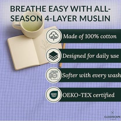 Cloud Scape Linen Extra Large 4 Layer Muslin Throw Blanket - 100% Cotton Gauze, Lightweight & Breathable All Season, Pre-Washed, for Couch & Bed, 50x70, Lavender Blue