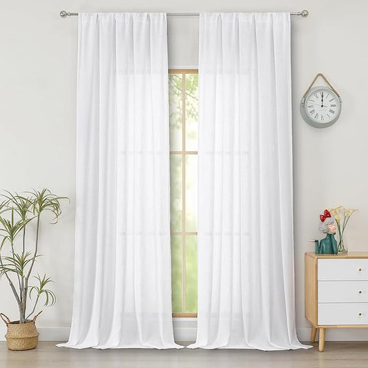 Simplebrand White Semi Sheer Faux Linen Textured 120 Inches Long Curtains 2 Panels Set, Privacy Farmhouse Window Drapes for Living Room/Birthday Party/Hallway Window Guest Room, 10FT, 50 x 120 Inch