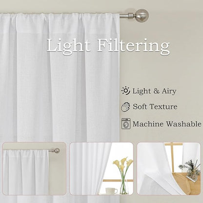 Simplebrand White Faux Linen Textured Curtains 63 Inch Length 2 Panels for Bedroom, Semi Sheer Light Filtering Privacy Farmhouse Curtains, Soft Thick Rod Pocket Window Drapes, 40W x 63L Inch