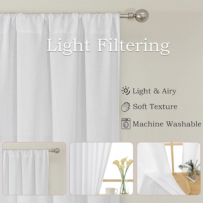 Simplebrand White Faux Linen Textured Semi Sheer Curtains 108 Inches Long 2 Panels for Living Room, Privacy Extra Long Light Filtering Farmhouse Thick Window Drapes for Large Window, 50 x 108 Inch