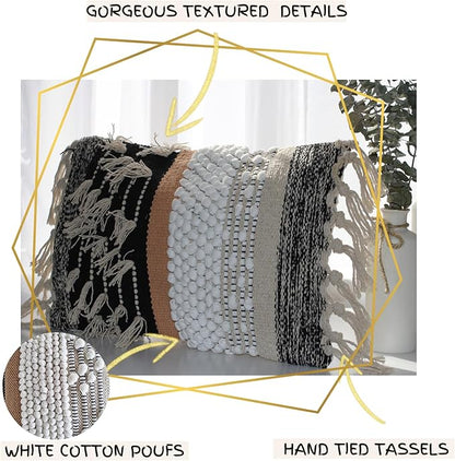 Decorative Boho-Chic Premium Pillow Cover 12x20 Handwoven Tufted Cotton Lumbar Accent Pillows, Neutral Earthly Color Throw Cushion, Farmhouse & Bohemian Home Decor (Limited Edition-Cover Only)