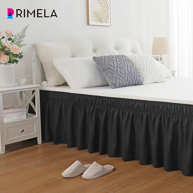 RIMELA Black Bed Skirt King Size 14 Inch Drop, Elastic Bed Skirting for Bed Base and Frame, Bedding Dust Ruffle Easy to Install, Lightweight Comforter Set with Wrap Around Adjustable Bedskirt