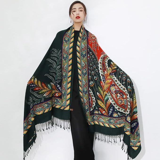DANA XU 100% Merino Wool Extra Large Pashmina Blanket Travel Scarf Cashmere Wrap for Women Fall Winter Oversize Shawl Floral