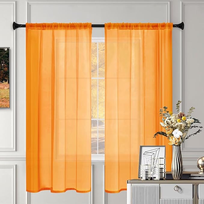 Sheer Curtains 63 Inches Long 2 Panels, Rod Pocket Short Curtain for Kitchen, Bedroom, Cafe Window(Orange 38" W x 63" L)