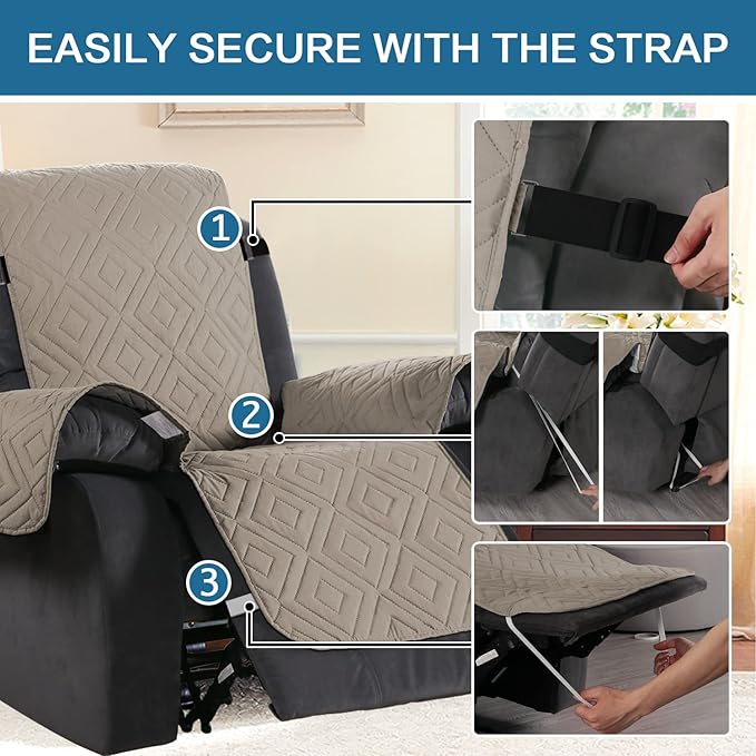 H.VERSAILTEX Reversible Quilted Recliner Covers Water Resistant Furniture Protector for Reclienr Chair with Elastic Straps for Pets Kids Sitting Width Up to 22"(Recliner, Khaki/Beige)