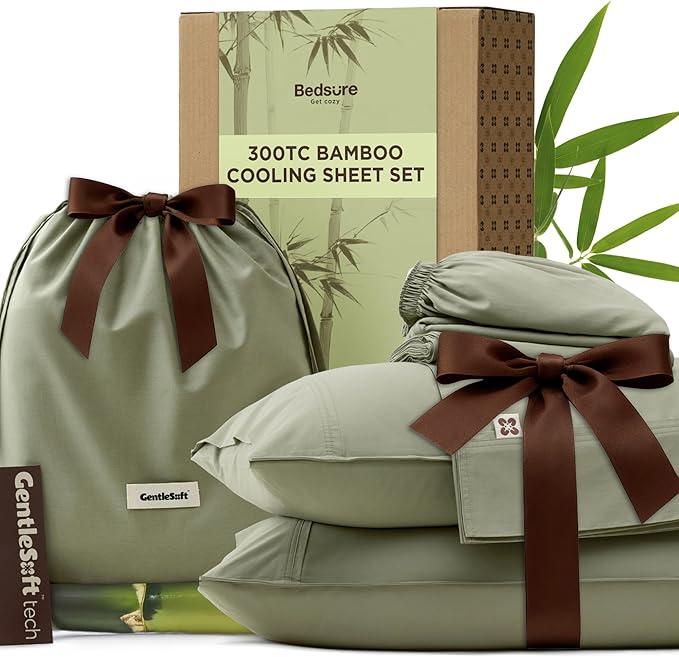 Bedsure Cooling Sheets, Rayon Derived from Bamboo & Cotton Blend, GentleSoft, Breathable, King Size Sheets Set, Deep Pocket Up to 18", Hotel Luxury Bedding for Hot Sleepers, Tea Green