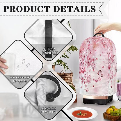 Kitchen Blender and Food Processor Dust Cover with Top Handle and Drawstring, Dust Protection Easy to Clean Small Appliance Coffee Juicer Maker Appliance Cover Pink Plum Blossom