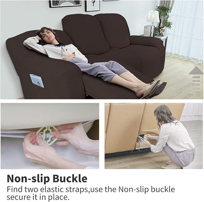 Easy-Going 6 Pieces Recliner Loveseat Stretch Sofa Slipcover Sofa Cover Furniture Protector Couch Soft with Elastic Bottom Kids, Spandex Jacquard Fabric Small Checks Chocolate