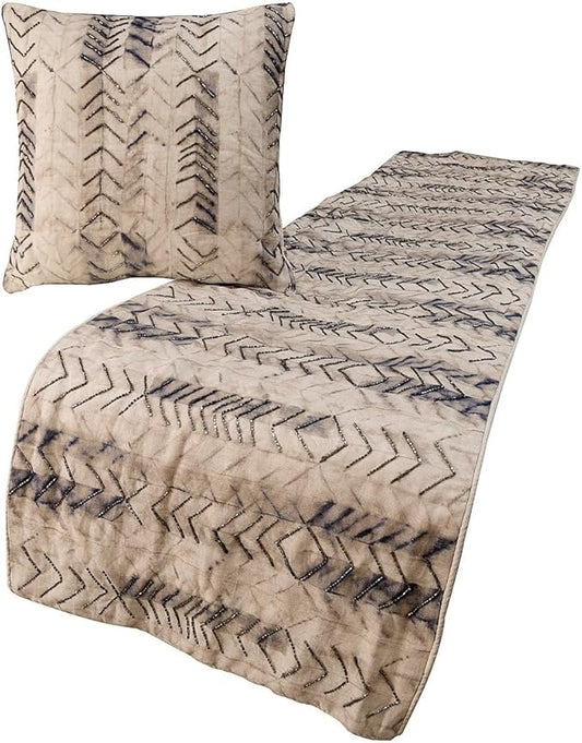 The HomeCentric King Queen Twin Grey Decorative Queen 74"x18" Bed Runner with Pillow Cover, Tie & Dye Beaded Bed Scarf on Cotton Fabric - Tie Dye Chevy