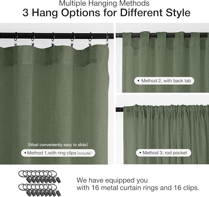 Anmao Natural Linen Curtains for Living Room 72 Inch Length 2 Panels Set, Light Filtering Semi Sheer Window Curtain Drapes for Bedroom with Curtain Rings and Clips, 52Wx72L, Olive Green