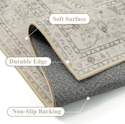 Beige 2x3 Area Rug Washable Vintage Small Carpet for Entryway Kitchen Soft Retro Floral Low Pile Thin Door Mat Non Slip Central Medallion Throw Rug for Bathroom Office Bedroom Dining Room