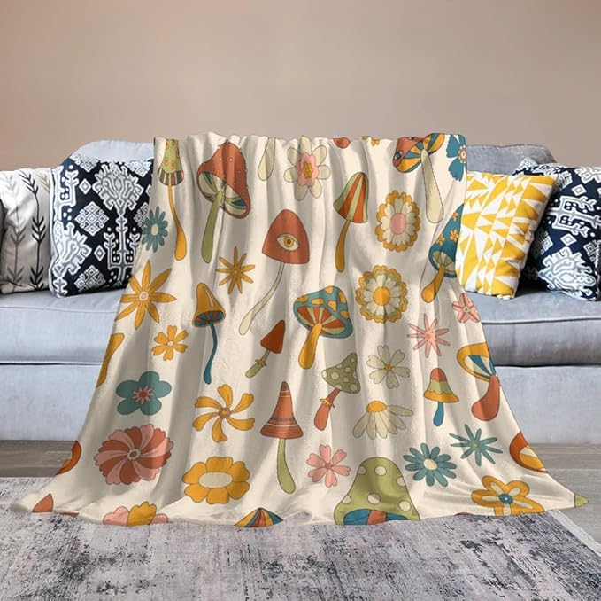 70s Mushroom Throw Blanket, Retro 60s Groovy Mushroom Boho Hippie Flowers Print Blanket for Kids Baby Bedroom Sofa Holiday Decor 50"x60"