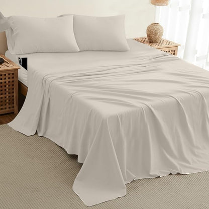 DREAMCARE California King Sheet Sets – 4 pcs Cooling Sheets – up to 21” Deep Cal King Sheets – Hotel Luxury Sheets & Pillowcases – Superior Softness 100% Fine Microfiber with Side Pocket – Ivory
