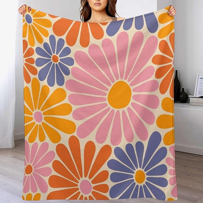 1970s Hippie Floral Throw Blanket, Retro Orange Pink Blue Flower Boho Groovy Daisy Flowers Comfortable Blanket for Couch Sofa Couch Chair 60"x80"