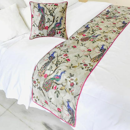 The HomeCentric King/Queen/Twin Pink & Purple Decorative CA King 86"x18" Bed Runner with One Pillow Cover, Peacock, Beaded, Pom Pom Lace Bed Scarf on Cotton Fabric - Pavo Paradiso