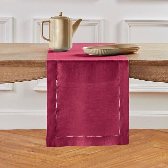 Solino Home Linen Table Runner 36 Inches - 100% Pure Linen Beet Hemstitch Table Runner 14 x 36 Inch Ideal for Dresser and Coffee Tables - Christmas, New Year, Winter - Classic Hemstitch