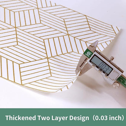 Shelf Liners for Kitchen Cabinets 17.5in x 20FT, Non Adhesive Cabinet Liner Strong Non-Slip Thickened Gold Geometric Drawer Liner, Easy to Clean for Shelf, Cabinet with Knife and Tape Measure