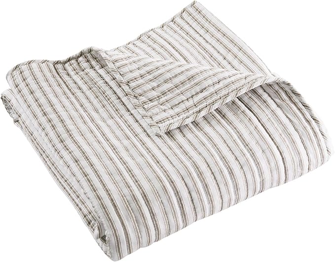 Levtex Home - Tobago Stripe Taupe - Quilted Throw - 50x60in. - White, Taupe - Reversible Pattern - Cotton Fabric