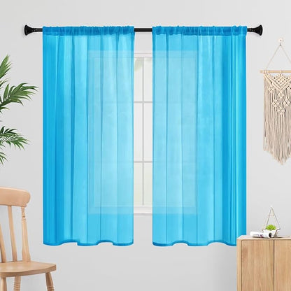 Sheer Curtains 72 Inches Long 2 Panels, Rod Pocket Short Curtain for Kitchen, Bedroom, Cafe Window(Cyan Blue 38" W x 72" L)