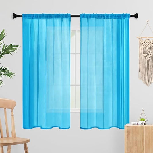 Sheer Curtains 72 Inches Long 2 Panels, Rod Pocket Short Curtain for Kitchen, Bedroom, Cafe Window(Cyan Blue 38" W x 72" L)