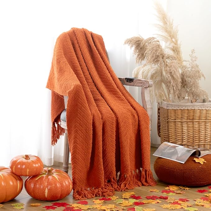 BATTILO HOME Burnt Orange Throw Blanket for Couch, Knit Fall Decor Blanket Versatile for Chair, Decorative Halloween Blanket with Tassels for Twin Bed, 60" x 80"
