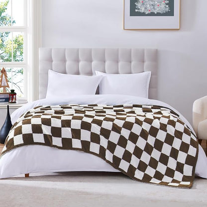 WRENSONGE Checkered Throw Blanket, Coffee Soft Cozy Fluffy Warm Hand Made Throw Blankets for Couch, Sofa, Chair, Bed, Camping, Picnic, Travel Lightweight Bed Blanket - 60"*80"