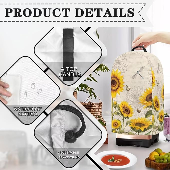 Sunflower Dragonfly Print Blender Dust Cover for Kitchen Small Appliance Decor, Anti Fingerprint Oil-proof Dust Protection Stand Mixer Cover Juicer Cover Soy Milk Machine Covers