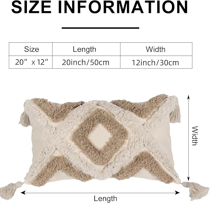 Boho Tufted Lumbar Throw Pillow Cover 12x 20 with Tassels, Modern Geometric Farmhouse Neutral Pillow Cushion Cases, Decorative Pillows for Bed, Outdoor Couch Bedroom Car Cream Khaki