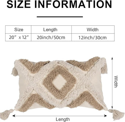 Boho Tufted Lumbar Throw Pillow Cover 12x 20 with Tassels, Modern Geometric Farmhouse Neutral Pillow Cushion Cases, Decorative Pillows for Bed, Outdoor Couch Bedroom Car Cream Khaki