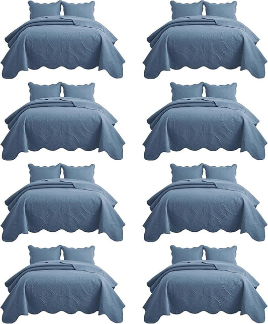 IR Imperial Rooms 8 Pack Quilt King Size Bedding (106" x 96") - Bulk Wholesale for Hotels, Guest Bedroom & Airbnbs - Lightweight Microfiber Reversible Floral Embossed Quilts Bedspreads (Light Blue)