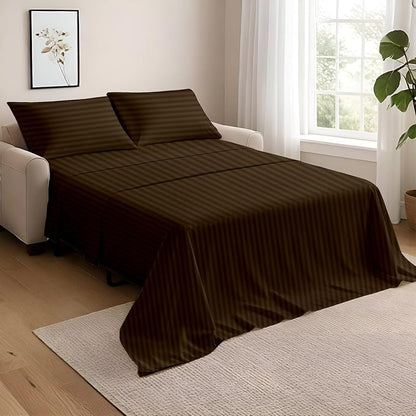 NON Sticky cotton Twin Size Sleeper Sofa Sheets, 4 Piece Egyptian Cotton Bed Sheet Set for Sofa Bed, 8" Deep Pocket for Pull Out Couch Mattress, 39" x 75", Chocolate Stripe, Soft & Breathable
