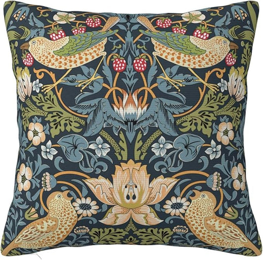 William Morris Vintage Floral Bird Strawberry Thief 18x18 inches Pillow Cover, Outdoor Farmhouse Pillow Cover Home Decor for Couch Sofa