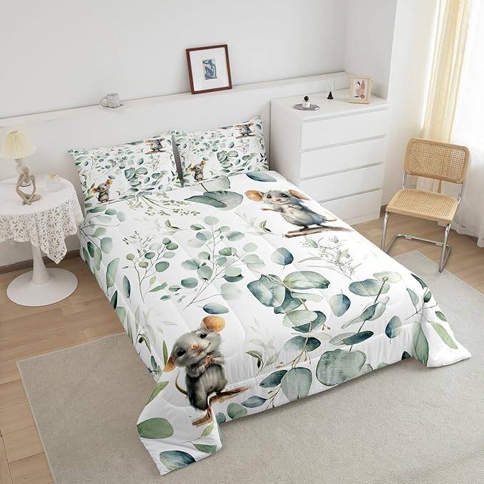 Erosebridal Kids Cute Animal Toddler Comforter Set for Girls Boys Cartoon Mouse Bedding Set, Spring Eucalyptus Bedding Comforter Sets Watercolor Leaves Duvet Set, Kawaii Animal Mice Quilted Comforter