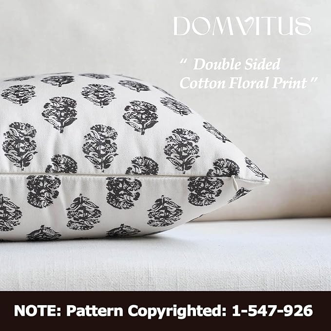 DOMVITUS Set of 2 Floral Pillow Covers 24x24, Block Print Pillow Covers Vintage Neutral Decorative Farmhouse Throw Pillow Covers for Couch Bed Living Room Black