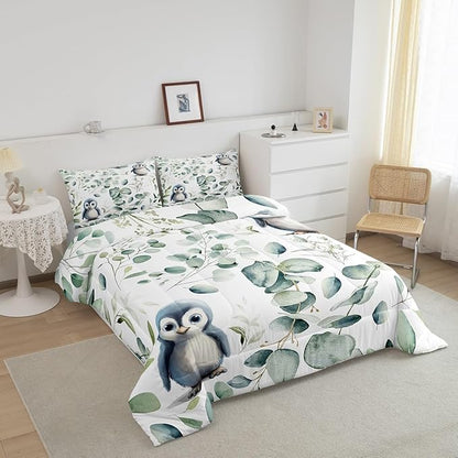 Erosebridal Cartoon Penguin Bedding Toddler Size Woodland Wildlife Comforter Set, Plant Duvet Insert Eucalyptus Leaf Quilt Comforter, Antarctic Animal Theme Bedding Comforters & Sets Kids Room Decor