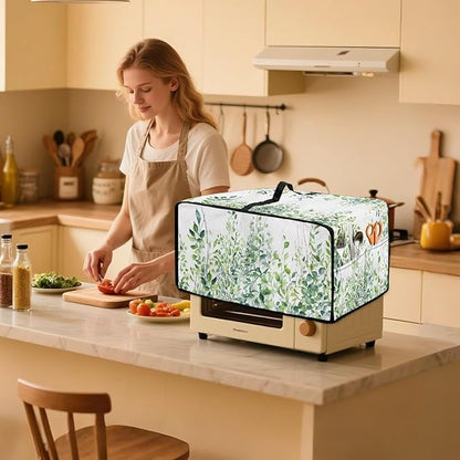 Toaster Oven Dust Cover with Storage Pockets, Dust-Proof Kitchen Appliance Protector for Small Appliances Convection Ovens, L, 18.5 x 22.5 x 13 Inches, Green Leaf White
