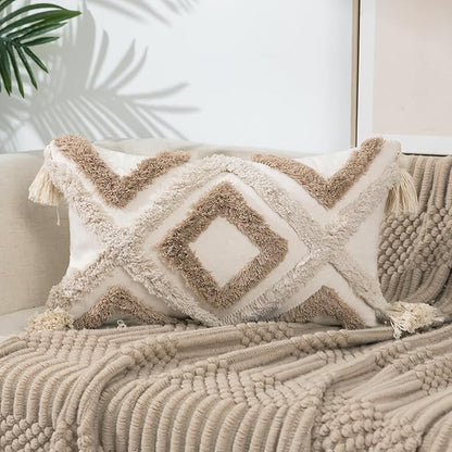 Boho Tufted Lumbar Throw Pillow Cover 12x 20 with Tassels, Modern Geometric Farmhouse Neutral Pillow Cushion Cases, Decorative Pillows for Bed, Outdoor Couch Bedroom Car Cream Khaki