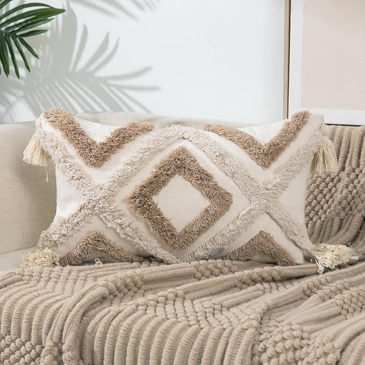 Boho Tufted Lumbar Throw Pillow Cover 12x 20 with Tassels, Modern Geometric Farmhouse Neutral Pillow Cushion Cases, Decorative Pillows for Bed, Outdoor Couch Bedroom Car Cream Khaki