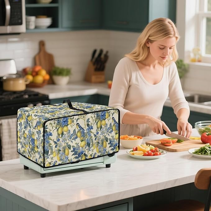 Lemon Floral Robin Bird Print Microwave Oven Dust Cover Heavy Duty Microwave Oven Grill Cover Dustproof Kitchen Machine Covers Case Protections for Toaster Oven, M