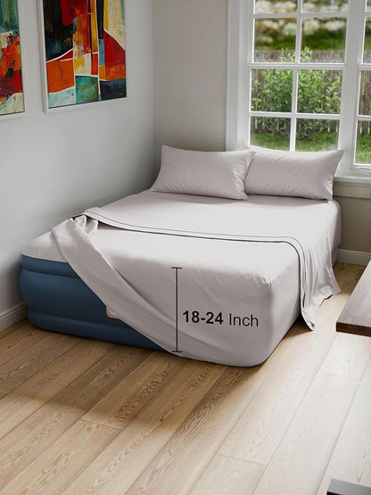 Air Mattress Sheet Set for Queen Size - 4 Piece Breathable & Cooling Sheets w/Extra Deep Pockets - Fits Inflatable & Blow Up Air Mattresses Up to 24 Inches Thick - Soft & Wrinkle Free - Light Grey
