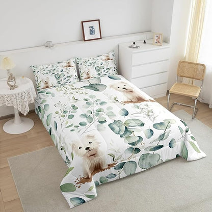 Erosebridal Cute Dog King Comforter Set for Kids Child Green Eucalyptus Bedding Set King, Pet Animal Bedding Comforter Sets Botanical Plant Leaves Duvet Set, Cartoon Pug Puppy Quilted Comforter