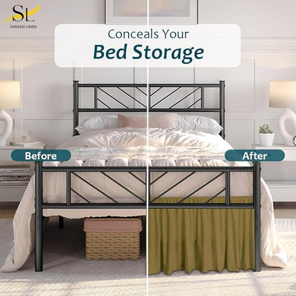 Shreem Linen Ruffled Bed Skirt with Split Corners, Gathered Style, 100% Microfiber, 28-Inch Drop, Dust Ruffle Bedskirt with Platform, Queen, Taupe