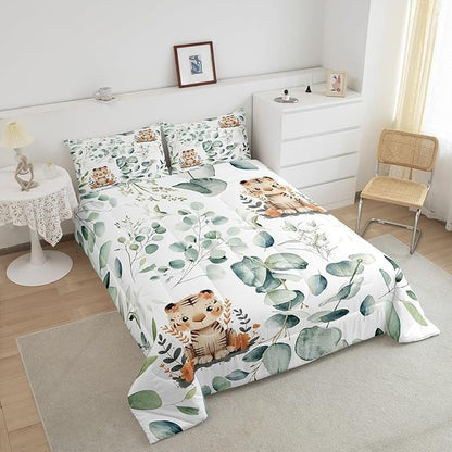 Erosebridal Kids Cute Animal Twin Comforter Set for Girls Boys Cartoon Tiger Bedding Set Twin, Spring Eucalyptus Bedding Comforter Sets Leaves Duvet Set, Kawaii Jungle Animal Quilted Comforter