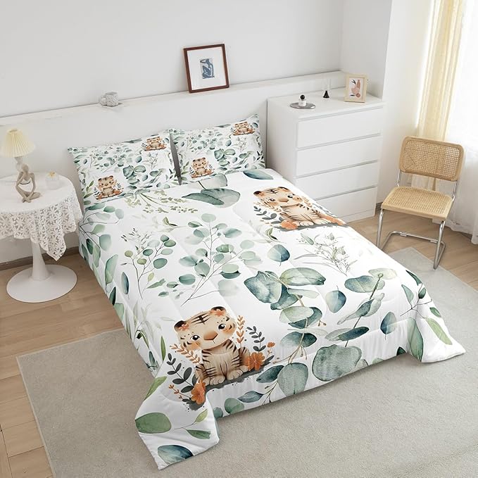 Erosebridal Kids Cute Animal Toddler Comforter Set for Girls Boys Cartoon Tiger Bedding Set, Spring Eucalyptus Bedding Comforter Sets Leaves Duvet Set, Kawaii Jungle Animal Quilted Comforter