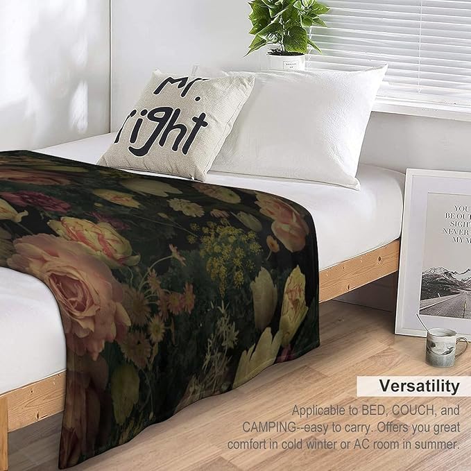 Black Floral Blanket, Rustic Watercolor Botanical Rose Peony Vintage Leaves Plant Boho Gothic Print Throw Blankets for Bed Living Room Bedding Couch Soft Decor, 50"x60"