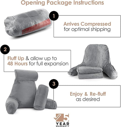 Nestl Reading Pillow with Shredded Memory Foam Includes 2 Neck and Lumber Support Pillows, Designed for Sitting Up in Bed and Couch, Back and Arms Adjustable Support for Adult & Teens, Grey